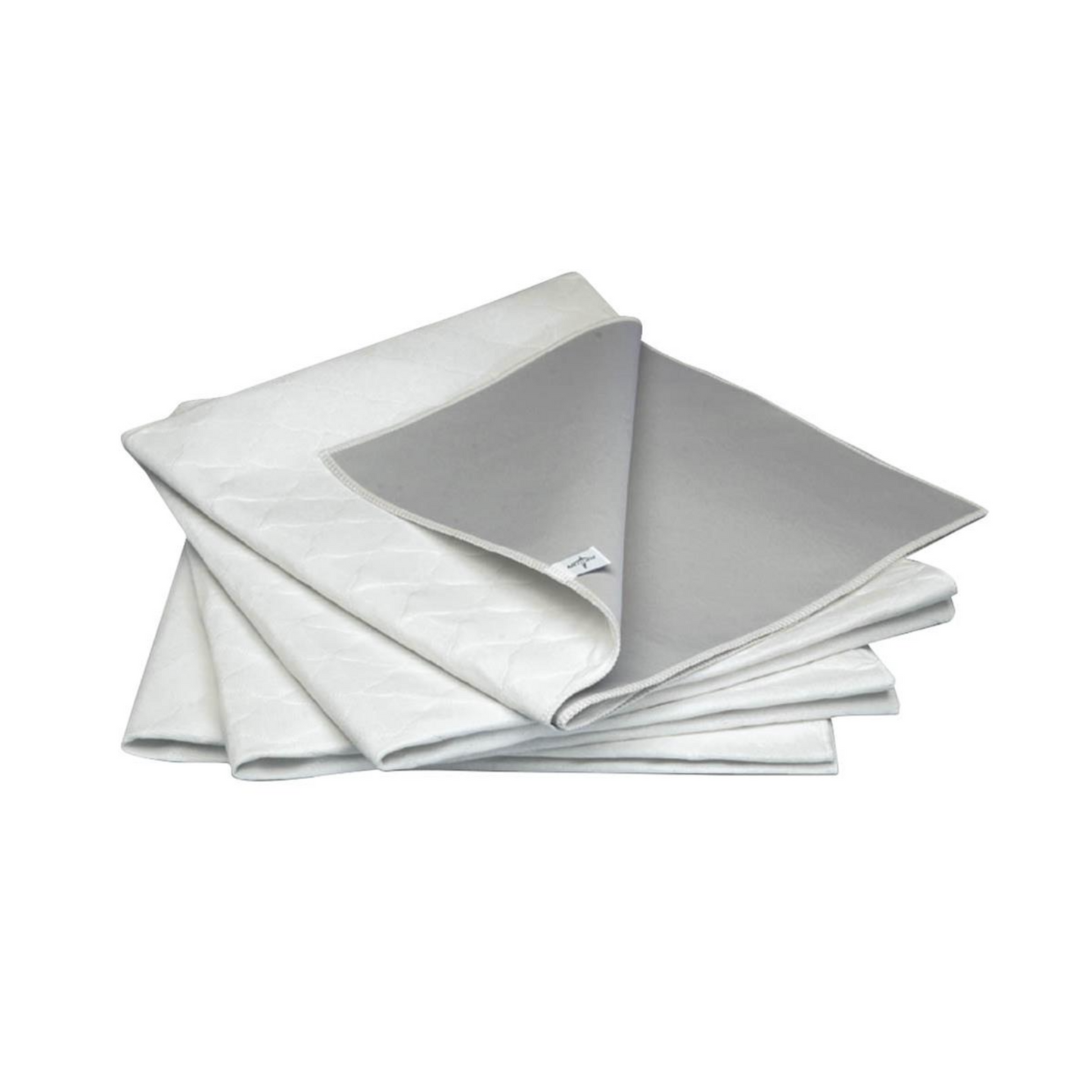 The Medline Select Reusable Underpads (32" x 36") feature a soft quilted white and gray surface, leakproof barrier, visible stitching details, and are washable for reliable protection.